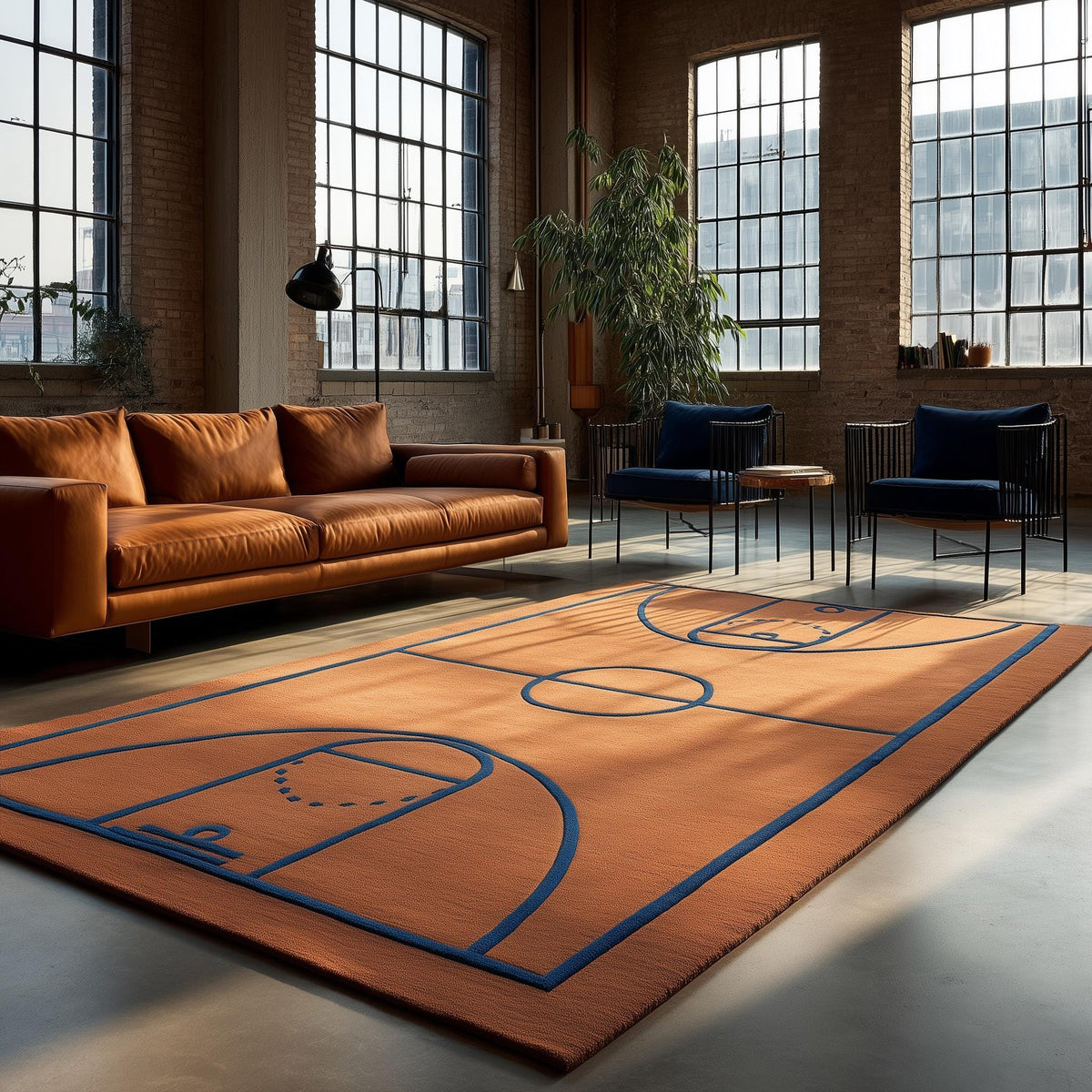 Modern basketball court rug with navy lines on burnt-orange wool, perfect for boys' room or playroom decor