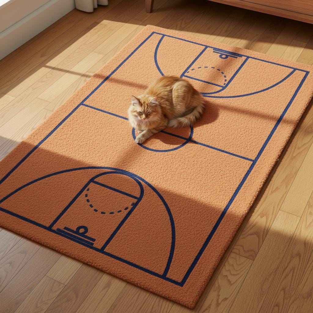 Modern burnt-orange basketball court rug with navy lines, hand-tufted wool sports area carpet for boys' room decor and playroom flooring.