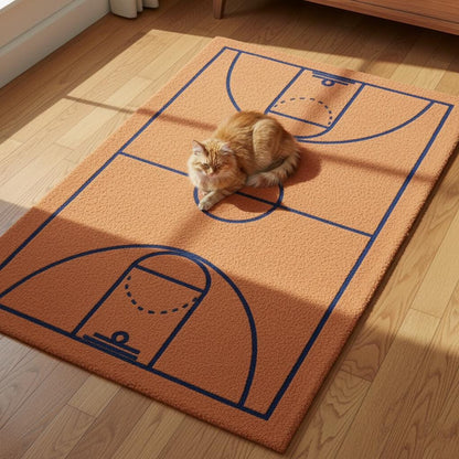 Modern burnt-orange basketball court rug with navy lines, hand-tufted wool sports area carpet for boys' room decor and playroom flooring.