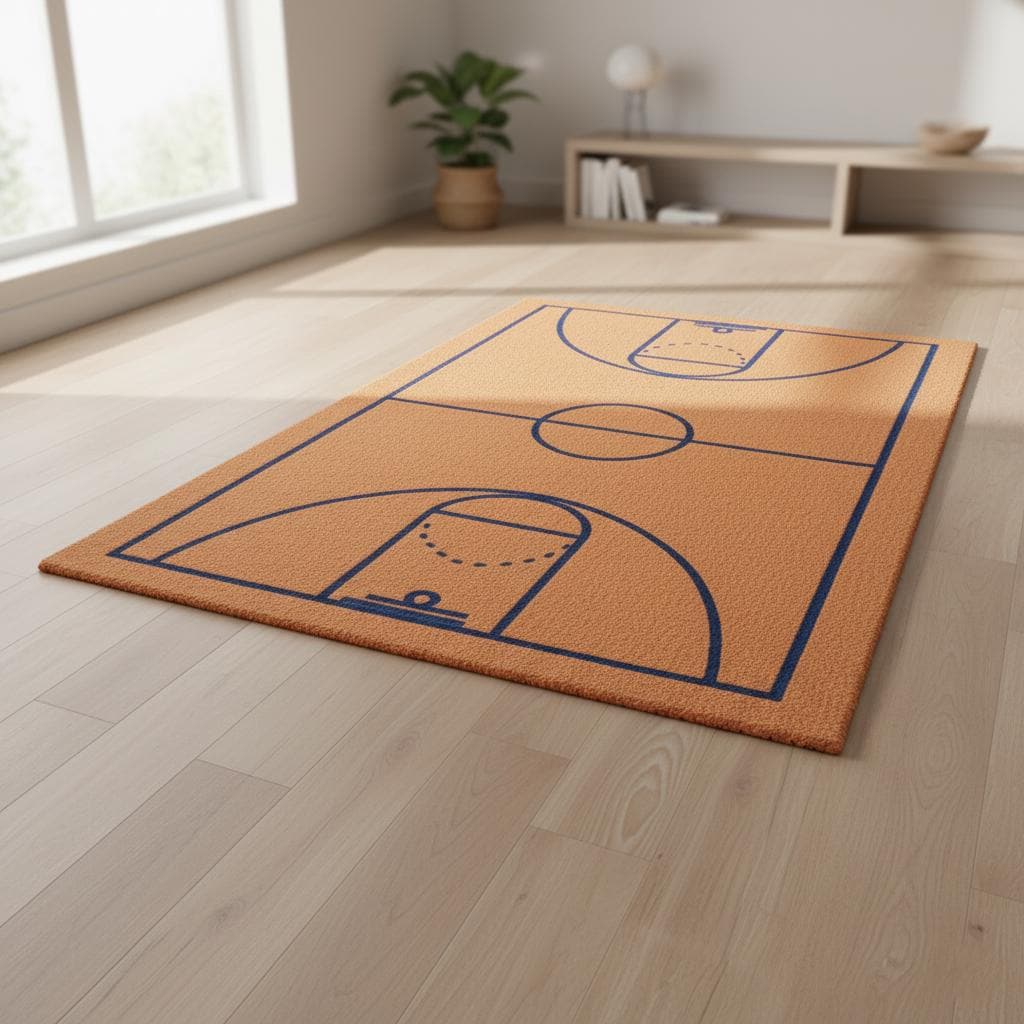 Modern basketball court rug in burnt-orange with navy lines, hand-tufted wool sports-themed area carpet for boys' room or game room decor