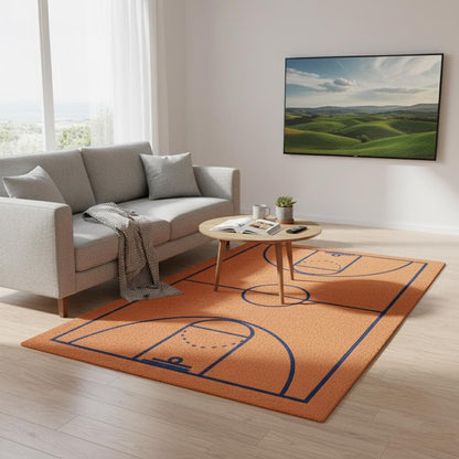 Modern basketball court rug with navy linework on burnt-orange wool, ideal for boys' room decor and sports-themed playrooms.