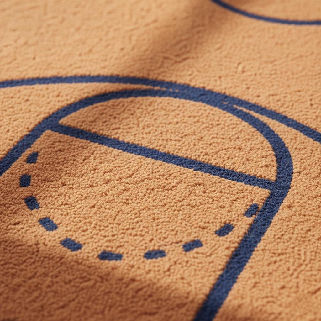 Modern basketball court rug with navy lines on burnt orange wool, hand-tufted for boys room decor and playroom flooring