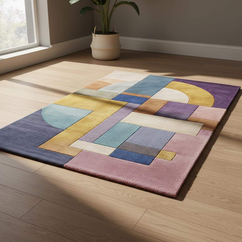 Bauhaus Area Rug with vibrant abstract geometric shapes in bold colors 9x12 feet