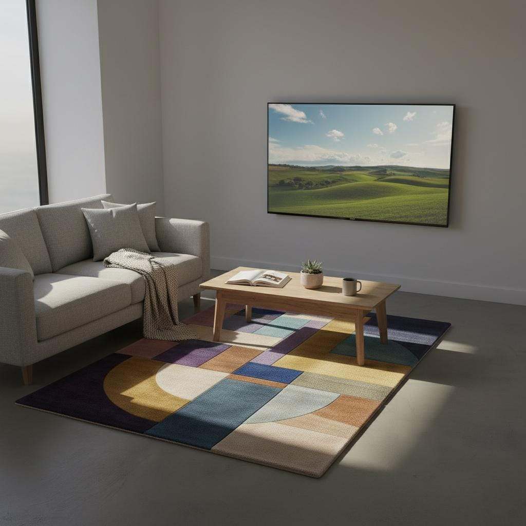 Vibrant 9x12 Bauhaus area rug with abstract geometric shapes in purple, yellow, teal, pink, and mauve for modern home decor