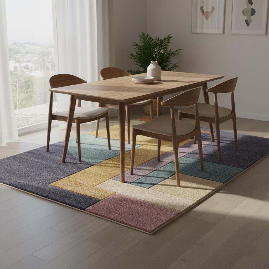 Vibrant Bauhaus Area Rug with abstract geometric shapes in purple, yellow, teal, pink, and mauve, perfect for modern home decor