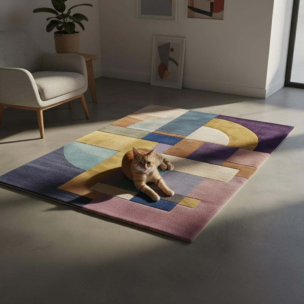 Bauhaus Area Rug with vibrant abstract geometric shapes in purple, yellow, teal, pink, and mauve.
