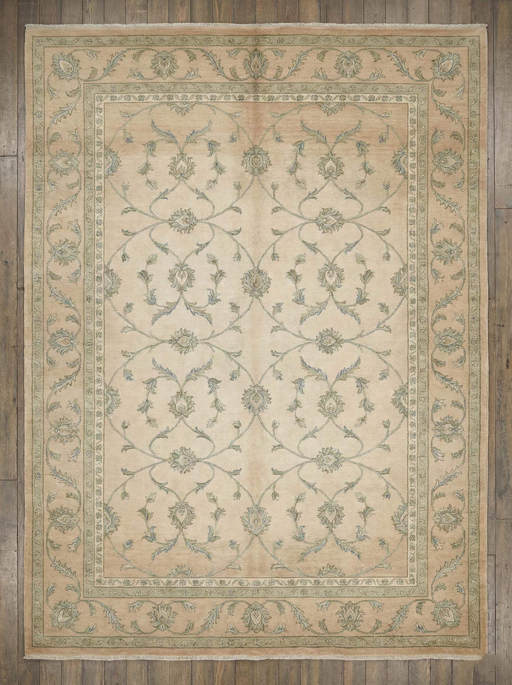 Beige sage floral vine pattern hand knotted area rug with elegant European design