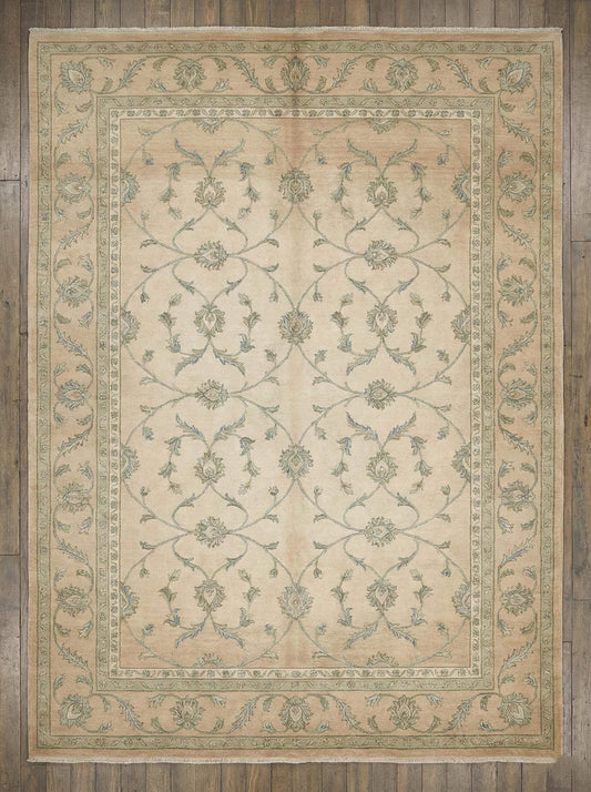Beige sage floral vine pattern hand knotted area rug with elegant European design