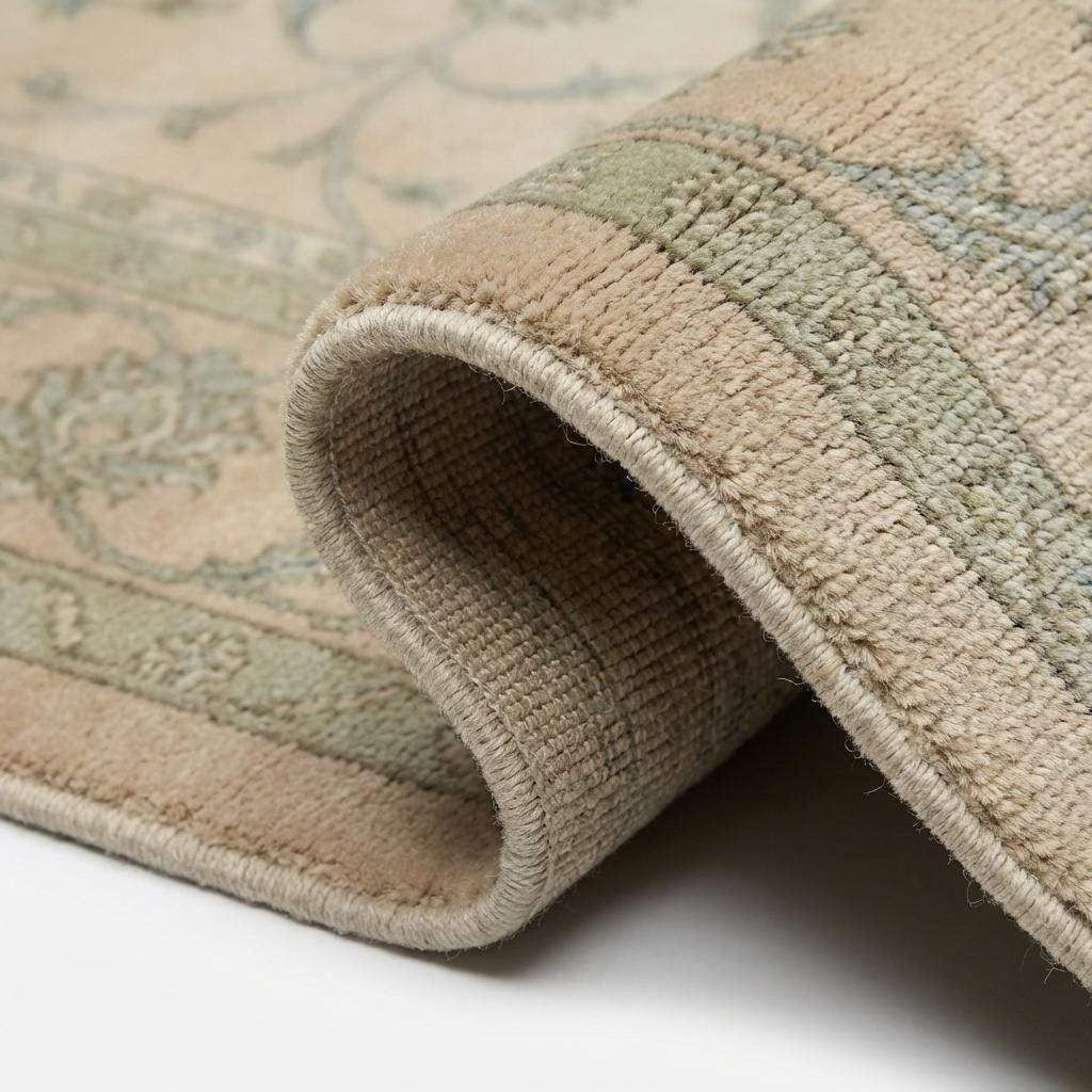 Close-up of rug showing fine wool pile texture, sage green vine detailing, and hand-crafted stitching