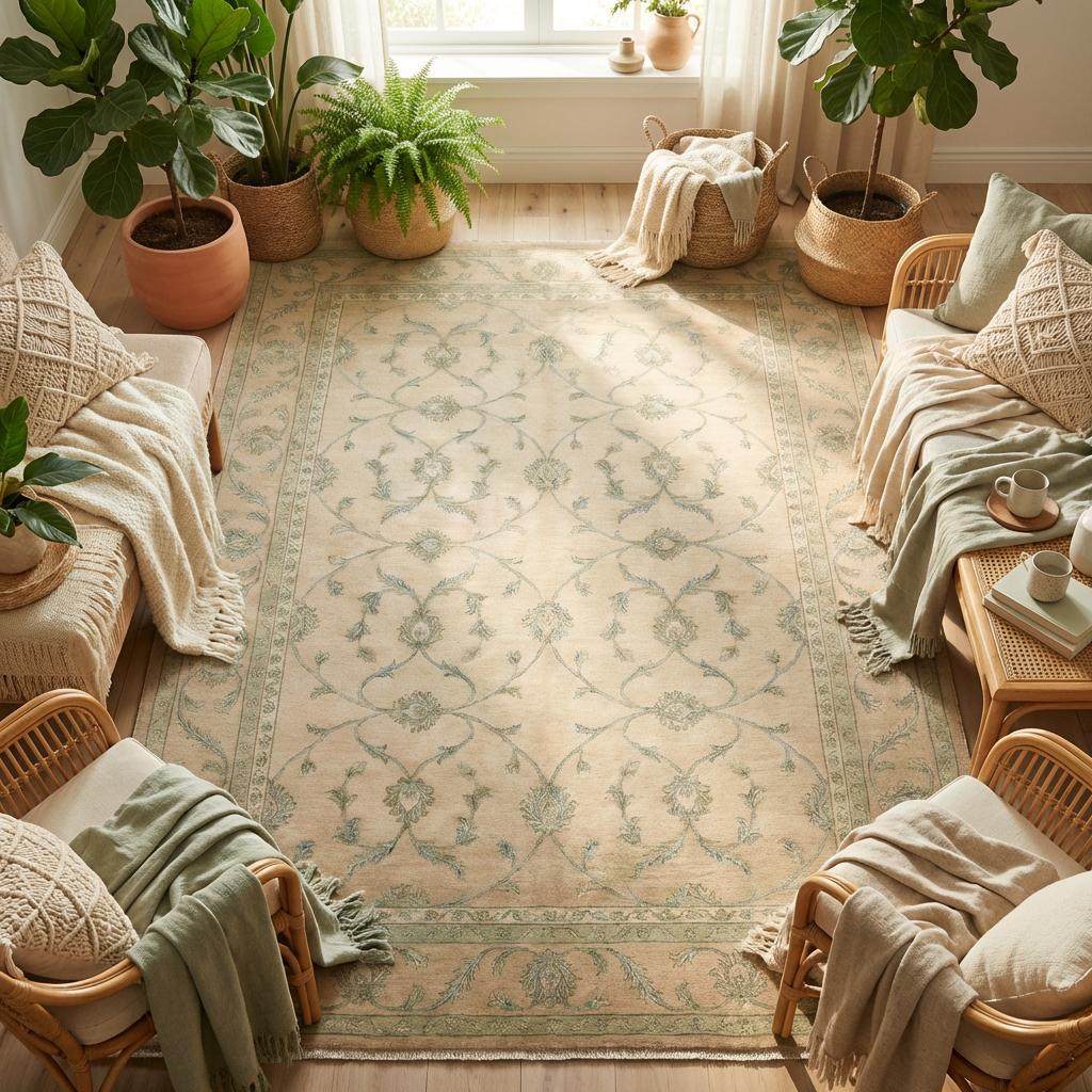 Classic beige floral area rug styled in elegant living room interior décor setting