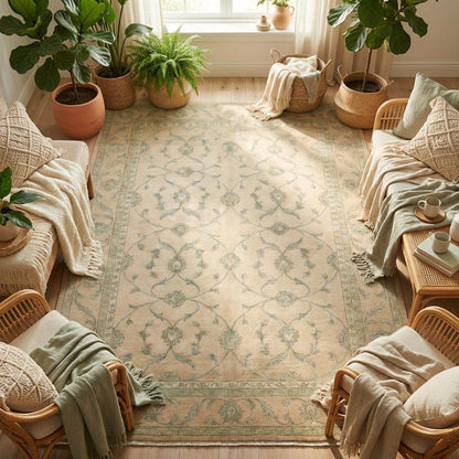 Classic beige floral area rug styled in elegant living room interior décor setting