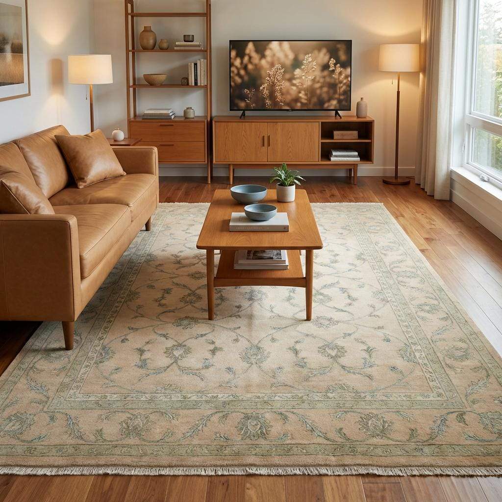 Rectangular rug featuring symmetrical floral vine medallion pattern with ornate border