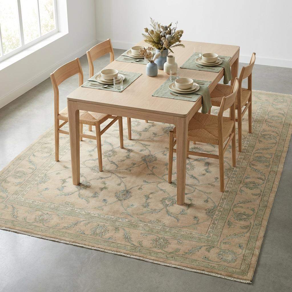Neutral beige base rug with sage green and soft olive vine accents and tan border