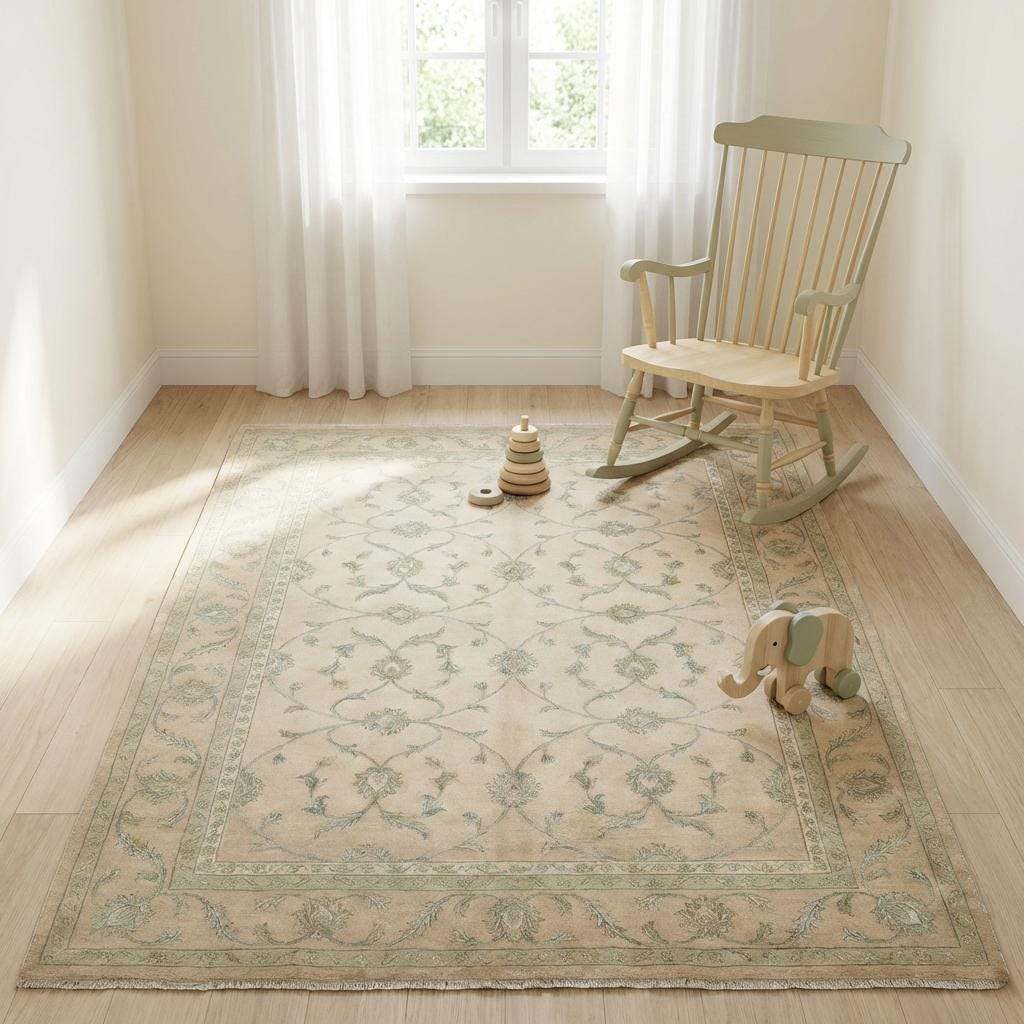 Hand-knotted style wool rug showcasing detailed floral craftsmanship and traditional design