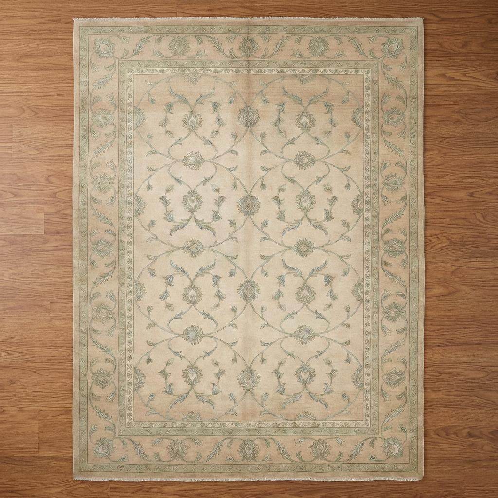 Beige Sage Floral Vine Pattern Hand Knotted Area Rug