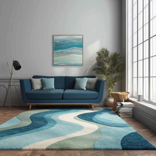 Blue wavy abstract area rug with coastal blue and teal waves in a bright living room setting