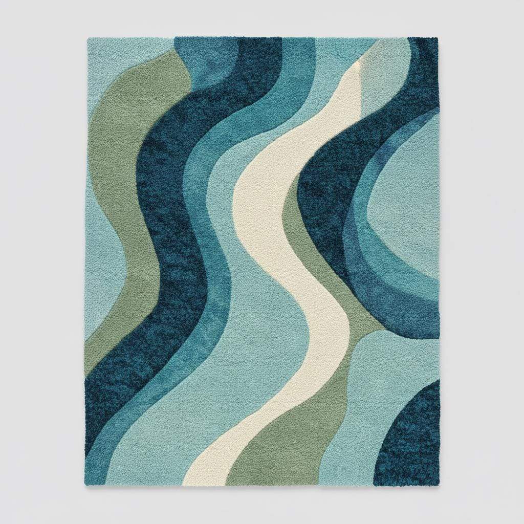 Blue wavy abstract area rug with layered blues and teals in modern coastal living room setting