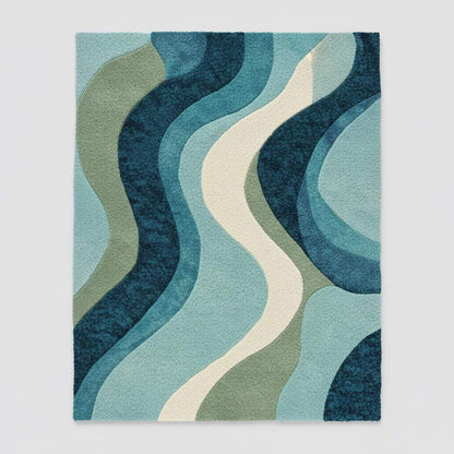 Blue wavy abstract area rug with layered blues and teals in modern coastal living room setting