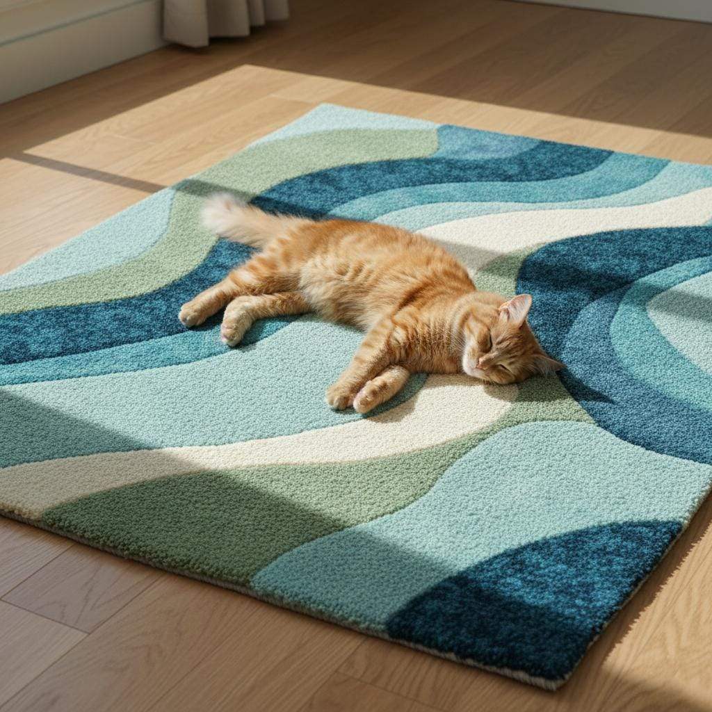 Blue wavy abstract area rug with layered blues and teals in modern coastal living room