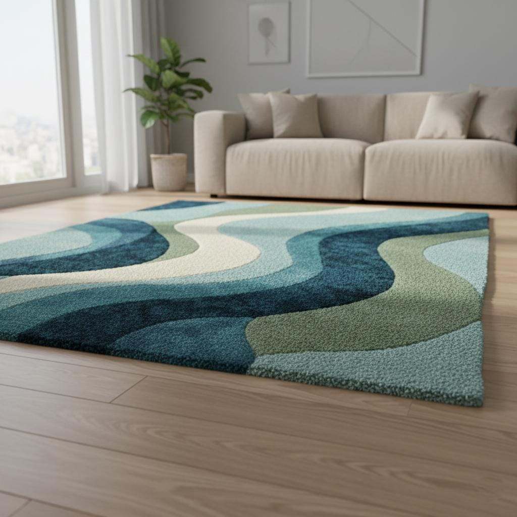 Blue wavy abstract area rug with layered blues and teals in a modern coastal living room setting