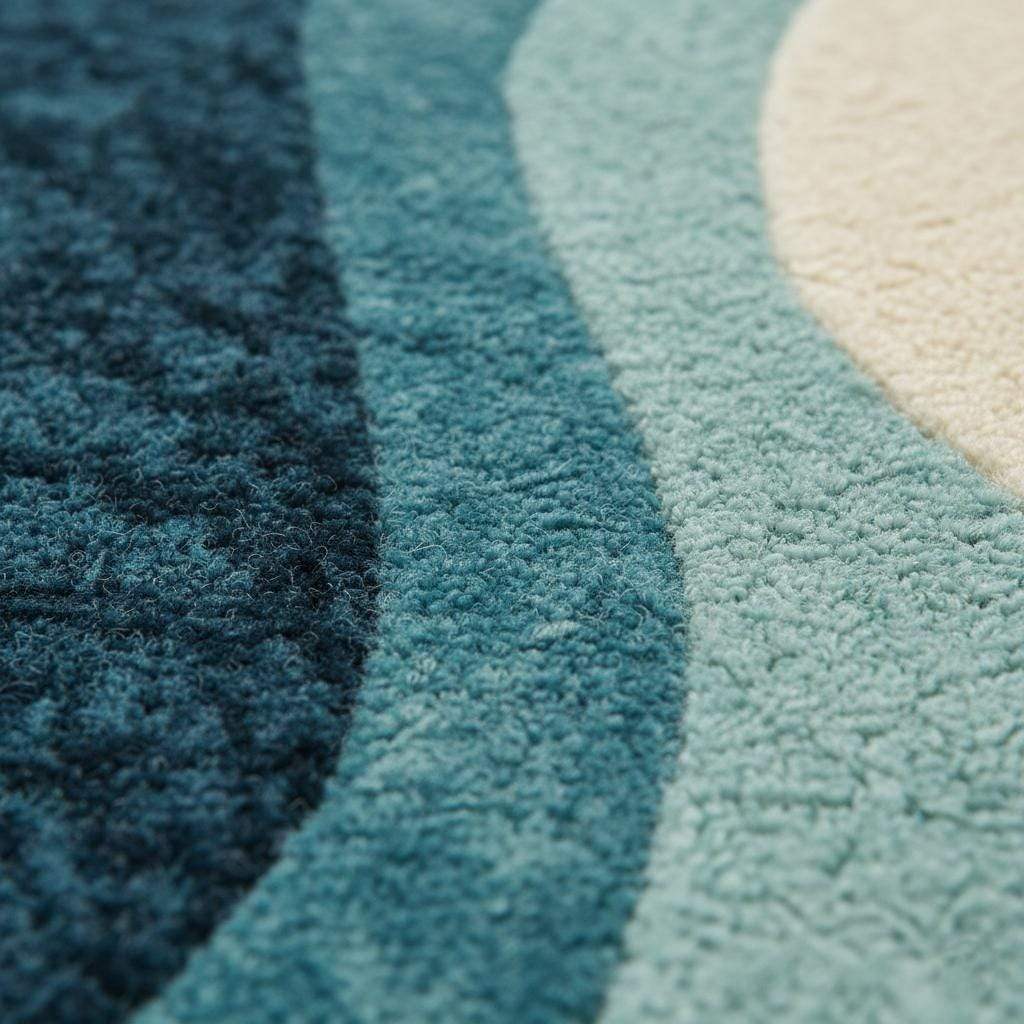 Blue wavy abstract area rug with coastal blues and teals in a modern living room setting