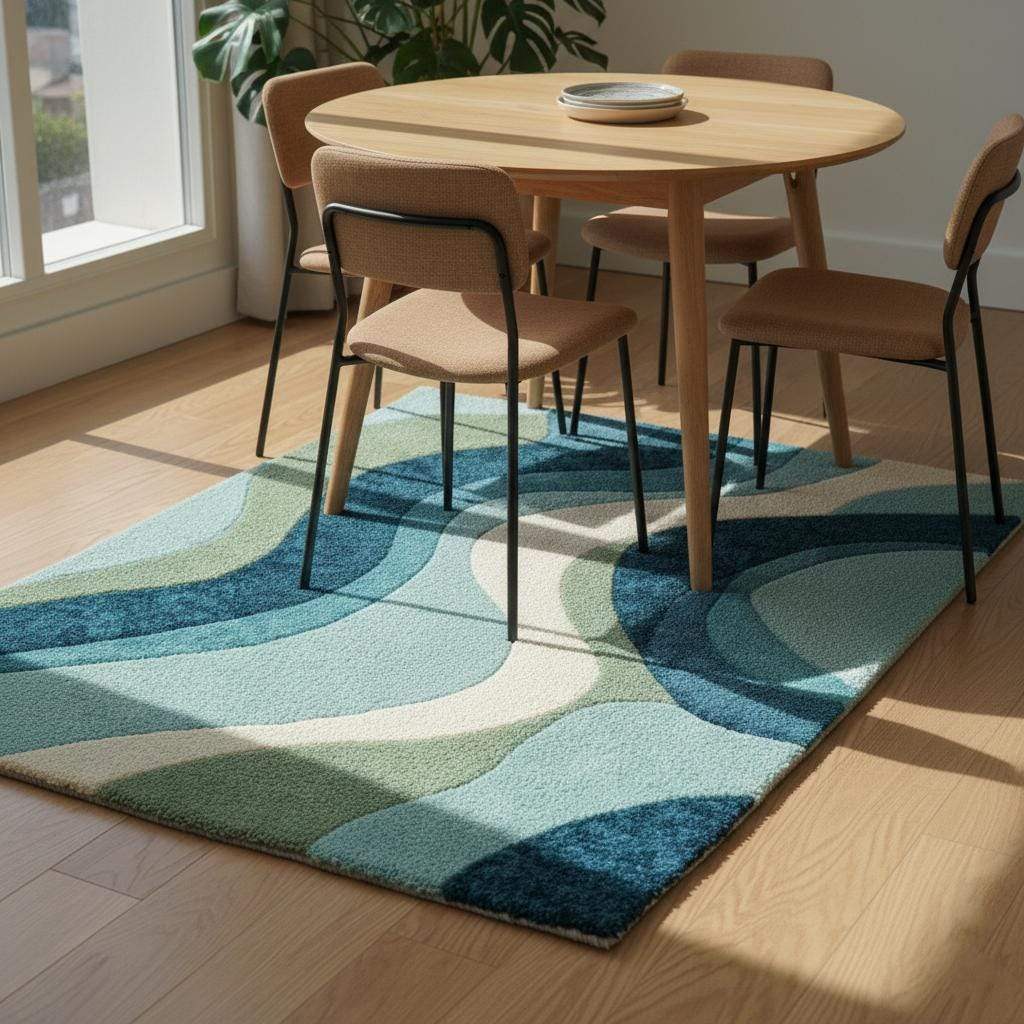 Blue wavy abstract area rug with coastal blues and teal waves in modern living room setting