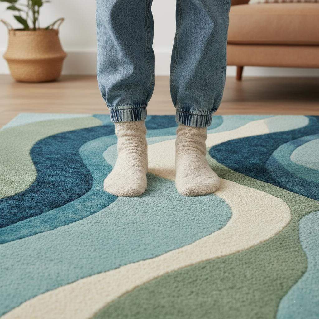 Blue wavy abstract area rug with layered blues and teals in a modern coastal living room setting