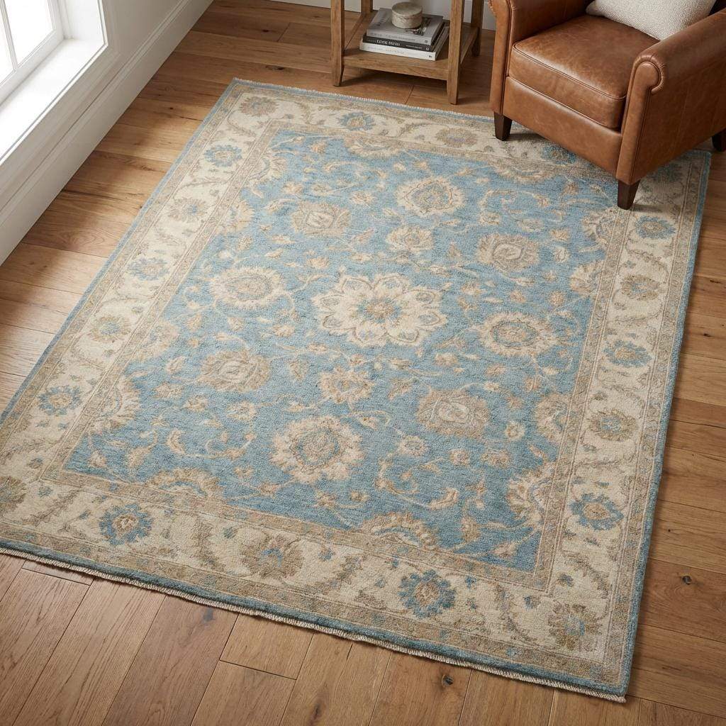 Blue Oushak Floral Hand Knotted Area Rug for Living Room
