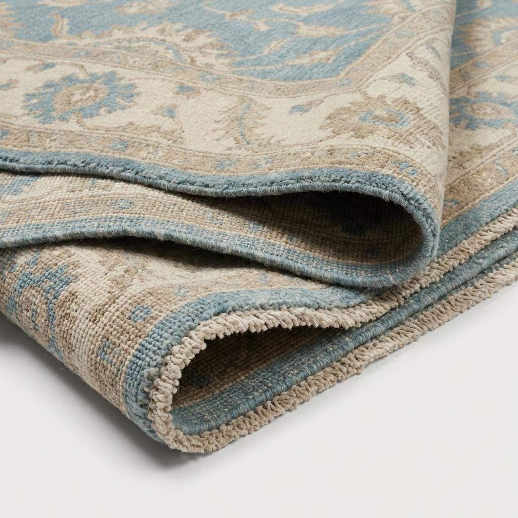 Blue Oushak Floral Hand Knotted Area Rug for Living Room