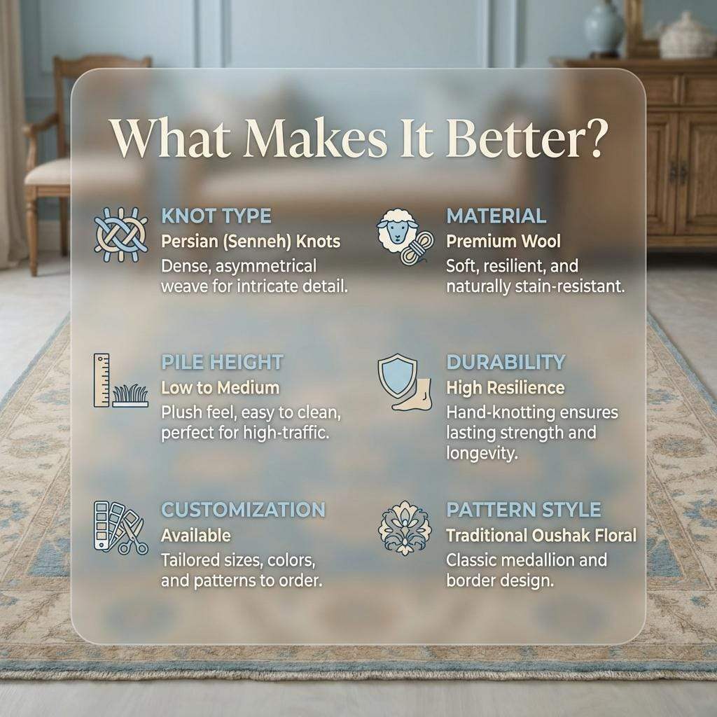 Blue Oushak Floral Hand Knotted Area Rug for Living Room