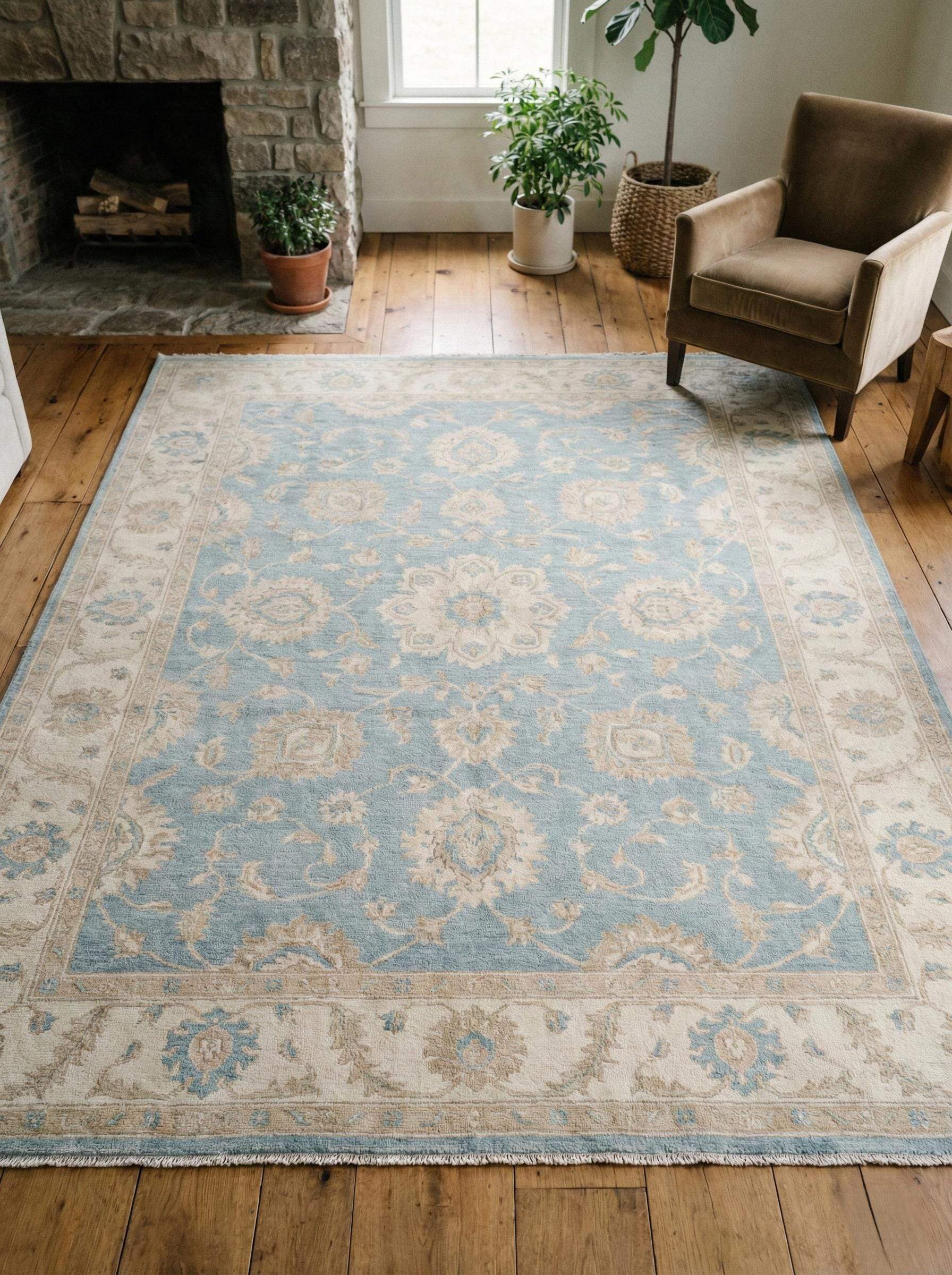 Blue Oushak Floral hand-knotted wool area rug with classic medallion design for living room decor