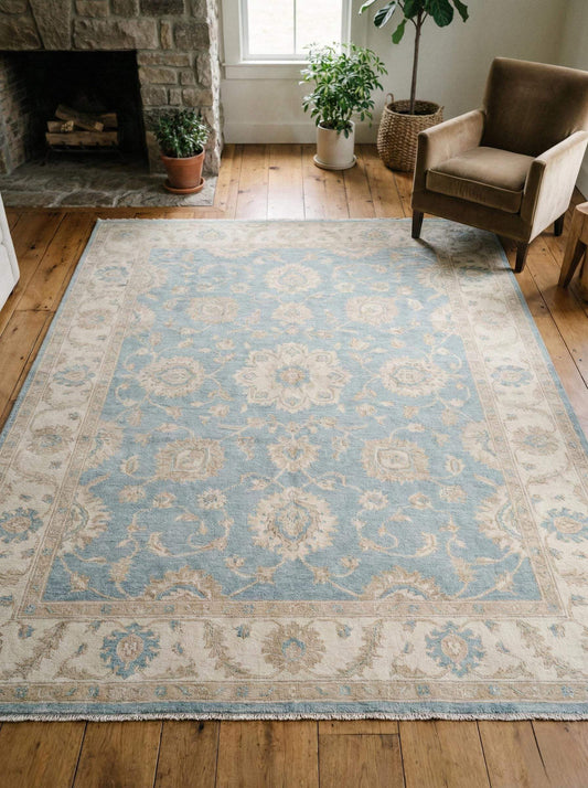Blue Oushak Floral hand-knotted wool area rug with classic medallion design for living room decor