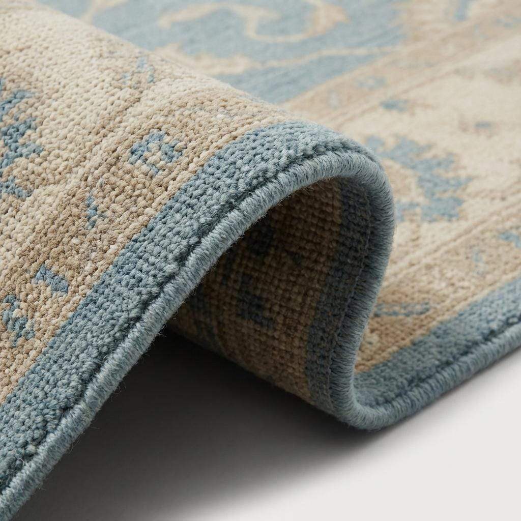 Close-up of hand knotted wool pile showing individual knot texture and floral weave detail