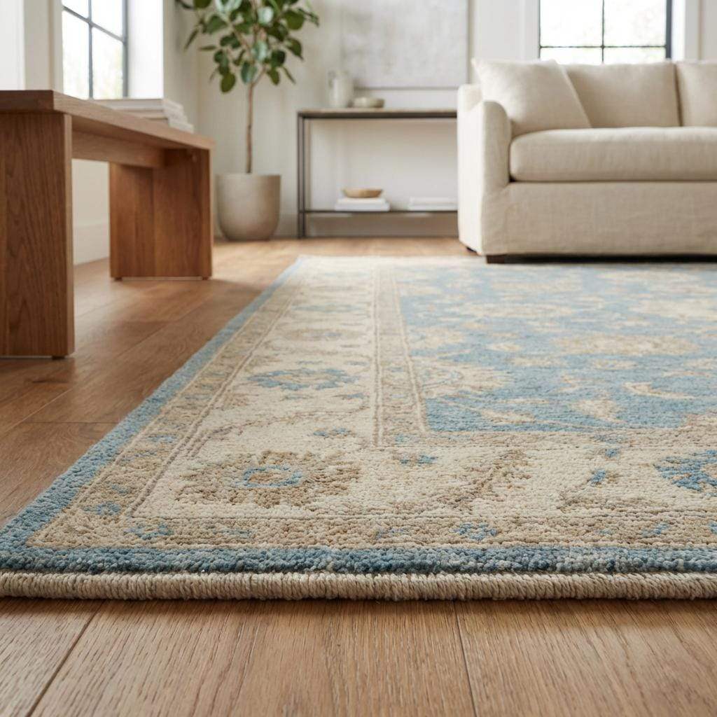 Blue Oushak Floral Hand Knotted Area Rug for Living Room