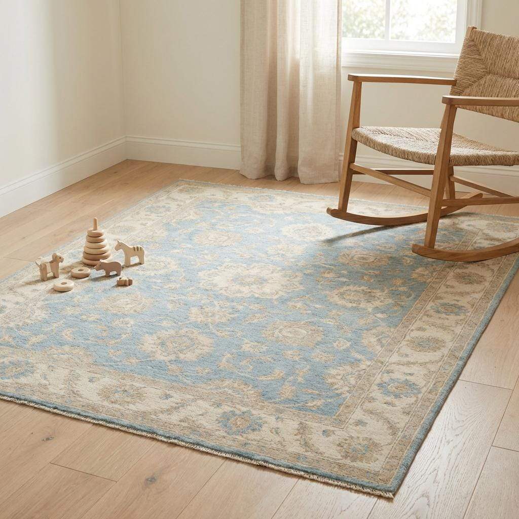 Blue Oushak Floral Hand Knotted Area Rug for Living Room