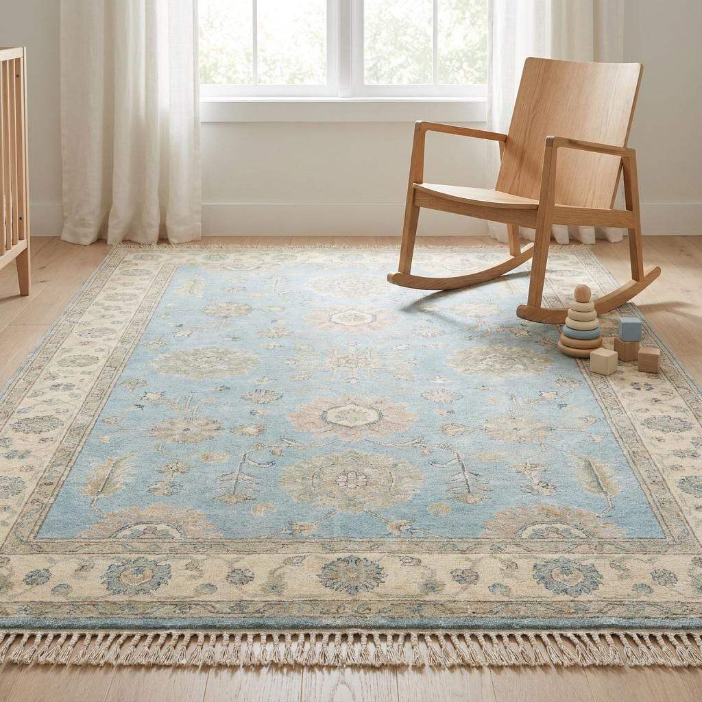 Blue Oushak Hand Knotted Rug, Traditional Floral Carpet, Turkish Inspired Wool Area Rug, Bedroom Decor __etsy:8133058747