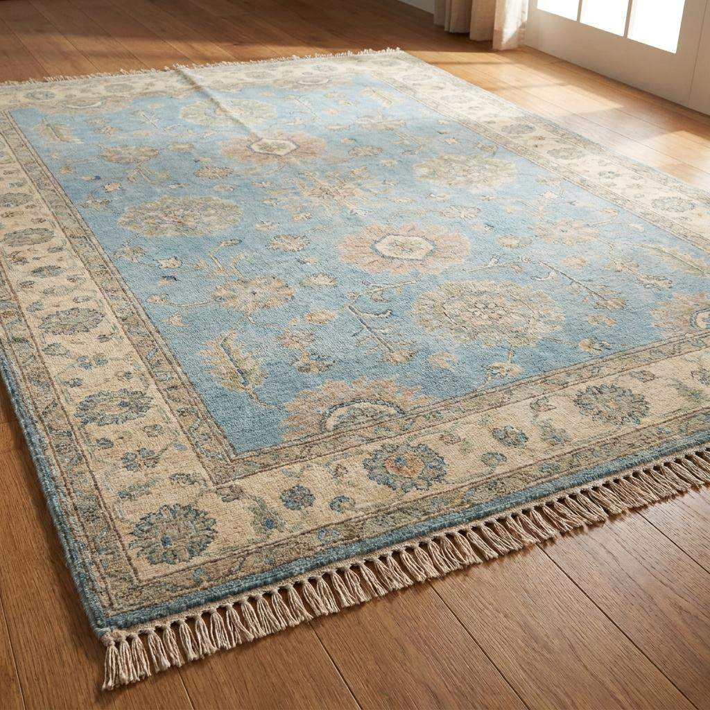 Blue Oushak Hand Knotted Rug, Traditional Floral Carpet, Turkish Inspired Wool Area Rug, Bedroom Decor __etsy:8133058809