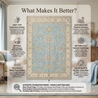Blue Oushak Hand Knotted Rug, Traditional Floral Carpet, Turkish Inspired Wool Area Rug, Bedroom Decor __etsy:8133058795