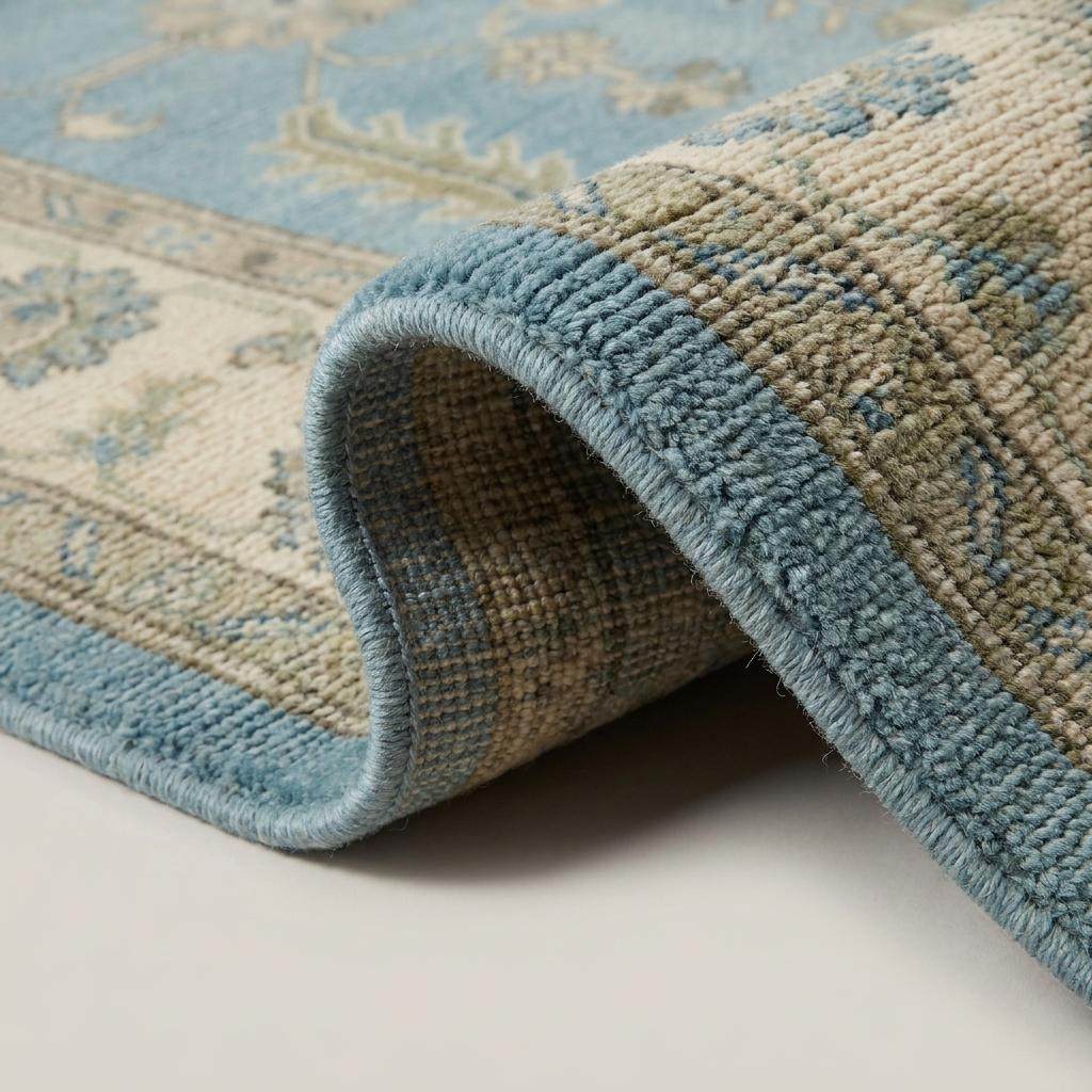 Close-up of hand knotted wool fibers showing low pile texture, detailed floral pattern, and artisan craftsmanship __etsy:8085148666
