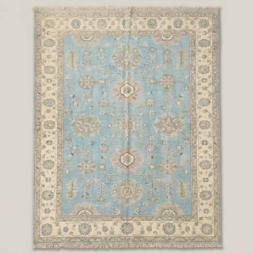 Traditional Turkish-inspired Oushak rug with vintage floral design in sky blue and ivory color palette __etsy:8133058607