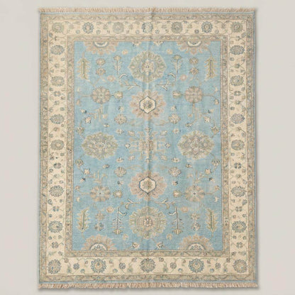 Traditional Turkish-inspired Oushak rug with vintage floral design in sky blue and ivory color palette __etsy:8133058607