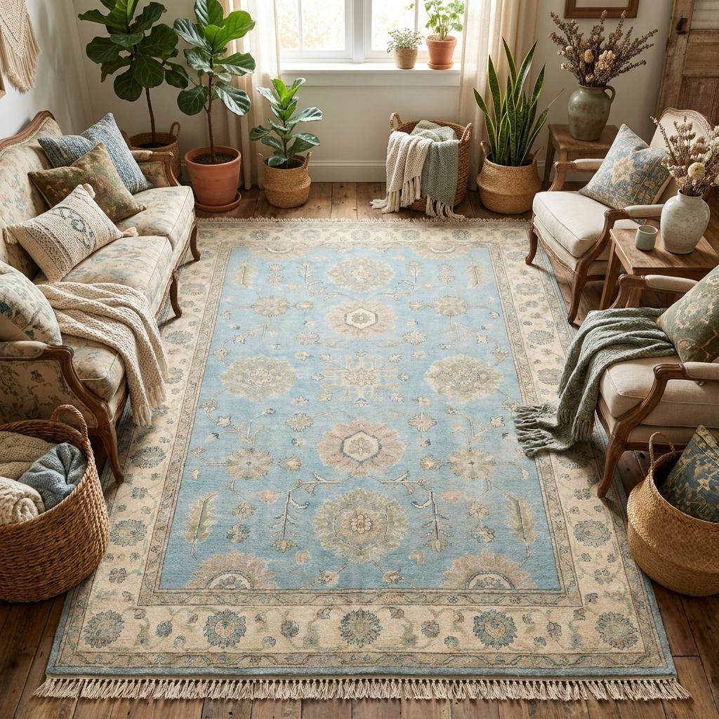 Vintage style handmade wool rug with botanical motifs and decorative border for classic home interiors __etsy:8085148534
