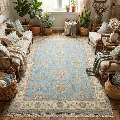 Vintage style handmade wool rug with botanical motifs and decorative border for classic home interiors __etsy:8085148534