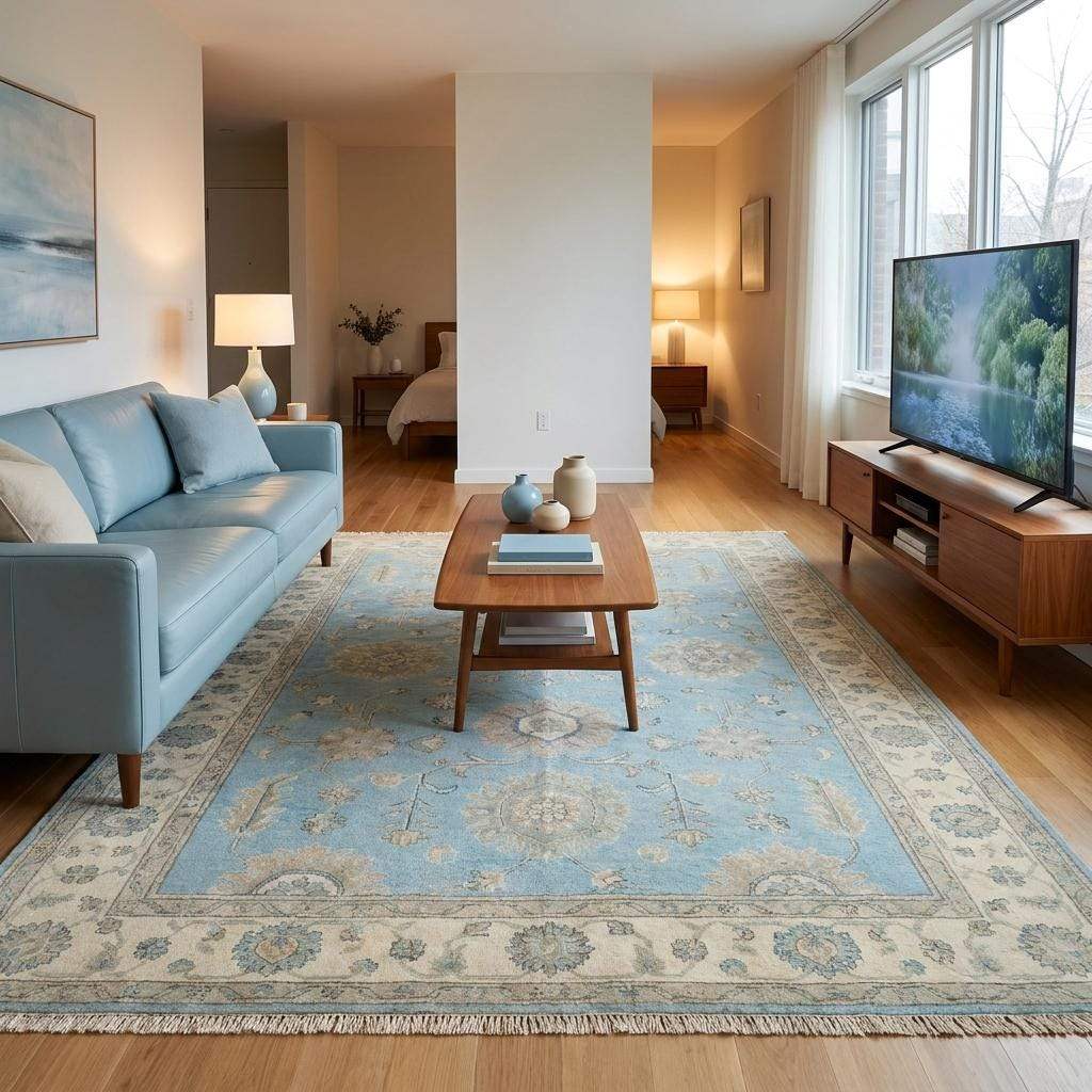 Luxury hand knotted blue area rug crafted from wool with timeless Oushak floral medallion pattern __etsy:8133058669