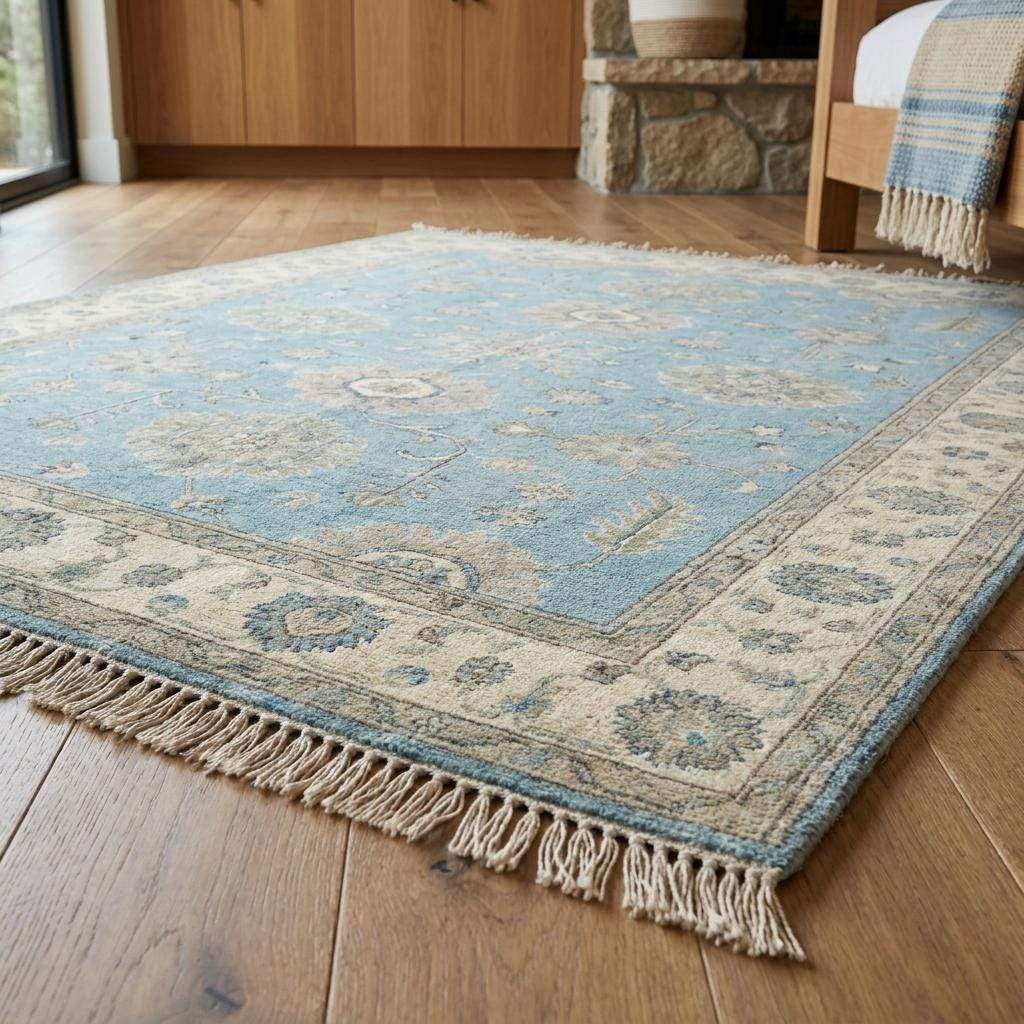 Artisan made Turkish Oushak carpet in soft blue and neutral tones suitable for bedroom and living room styling __etsy:8133058671