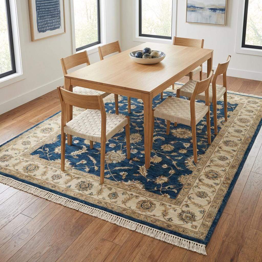 Blue Oushak hand knotted wool area rug with traditional floral design and natural wool pile