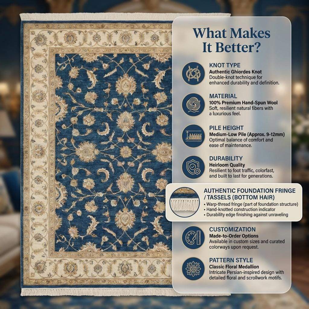 Blue Oushak hand knotted wool area rug with traditional floral design