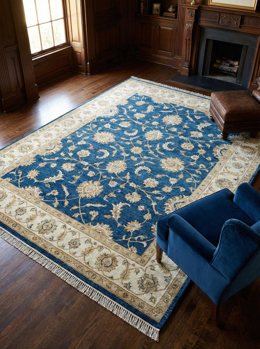 Blue Oushak hand knotted wool area rug with traditional floral design and natural wool texture