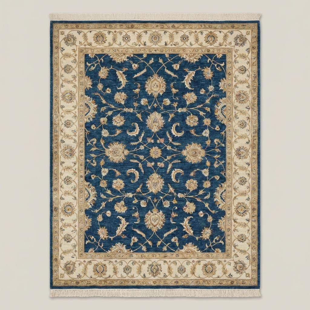 Blue Oushak Hand Knotted Wool Area Rug Floral Design
