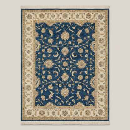 Blue Oushak Hand Knotted Wool Area Rug Floral Design